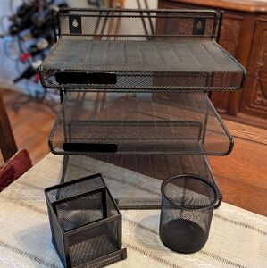Black Mesh Desk Organizer Set -3 Tier In/Out Basket/Pencil Cup/ 3 Slot Organizer